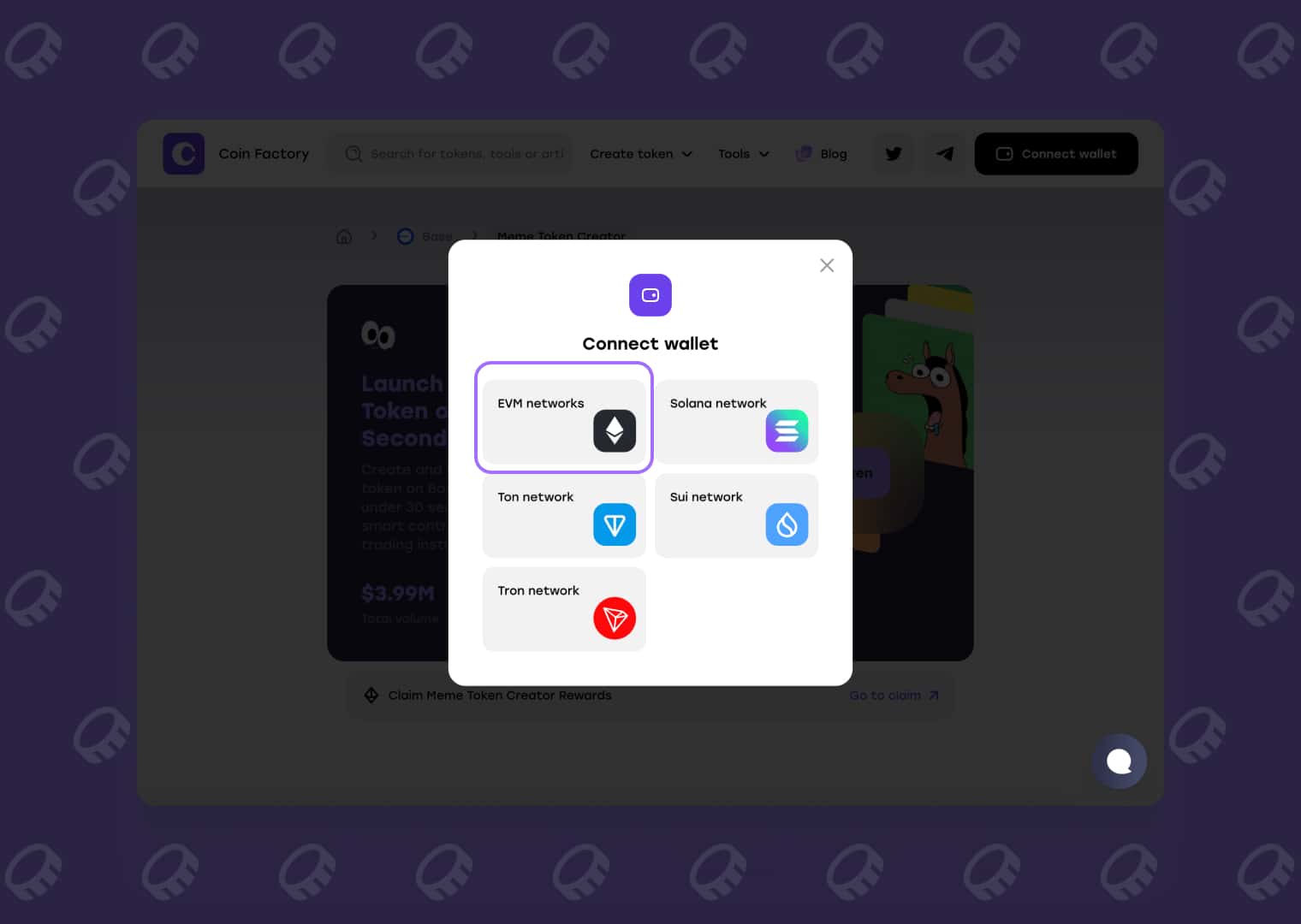 Connect an EVM wallet to CoinFactory Meme Token Launcher on Base