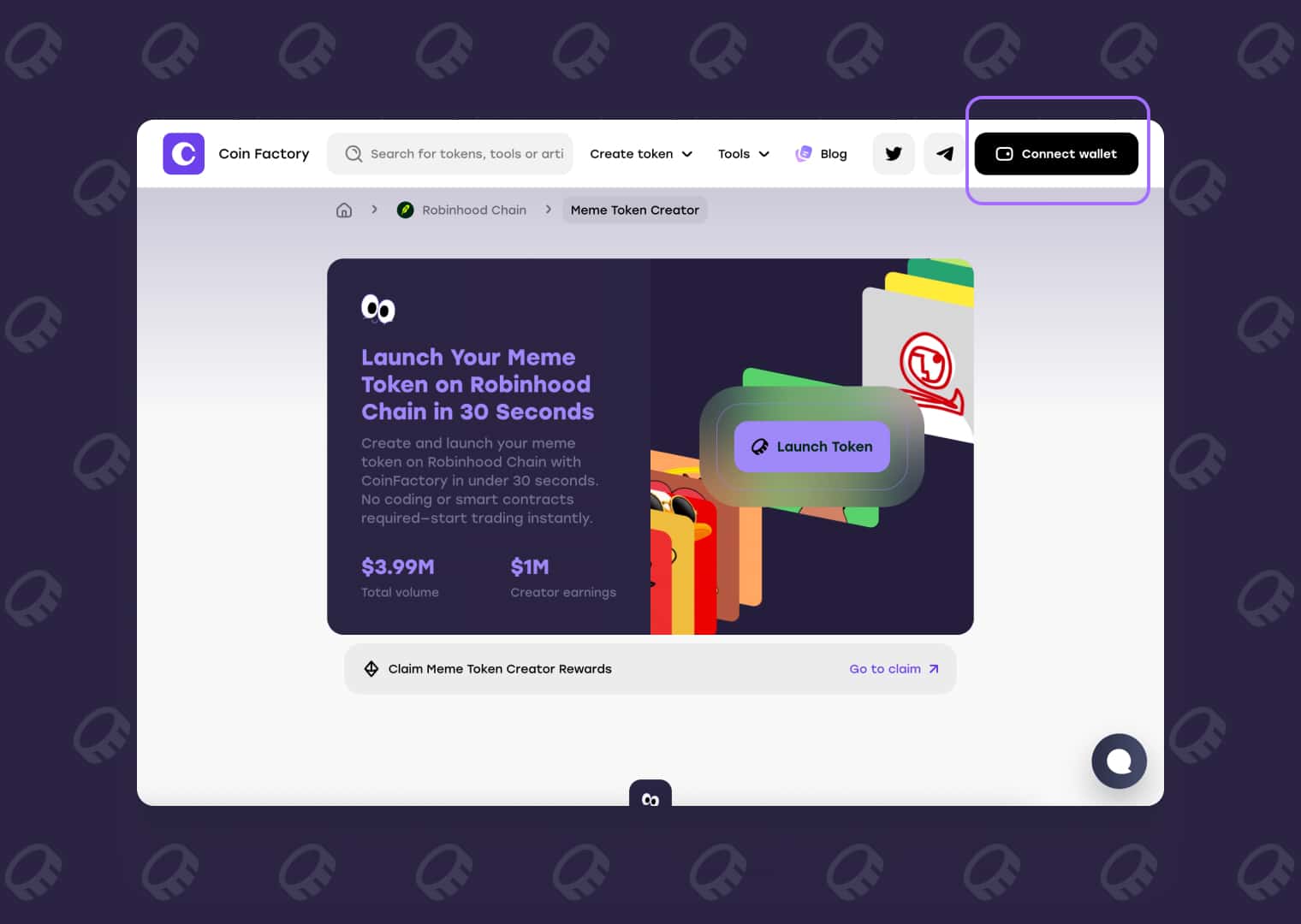 Opening the CoinFactory Meme Token Launcher on Robinhood Chain and clicking the Connect Wallet button