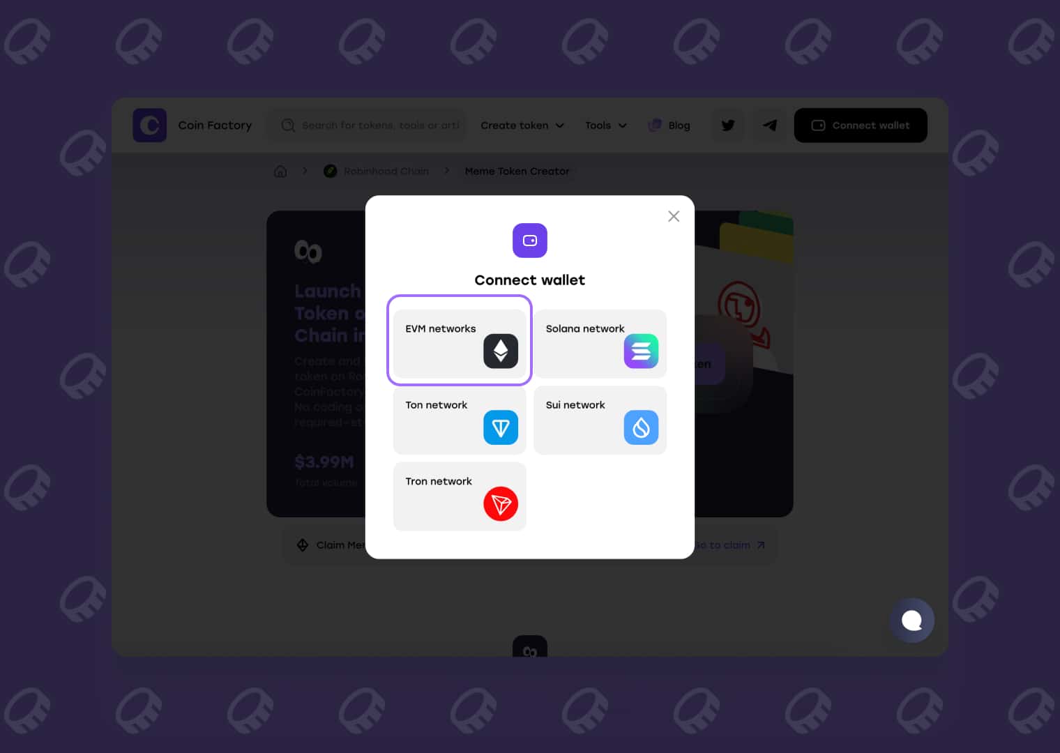 Connecting an EVM wallet to the CoinFactory Meme Token Launcher on Robinhood Chain