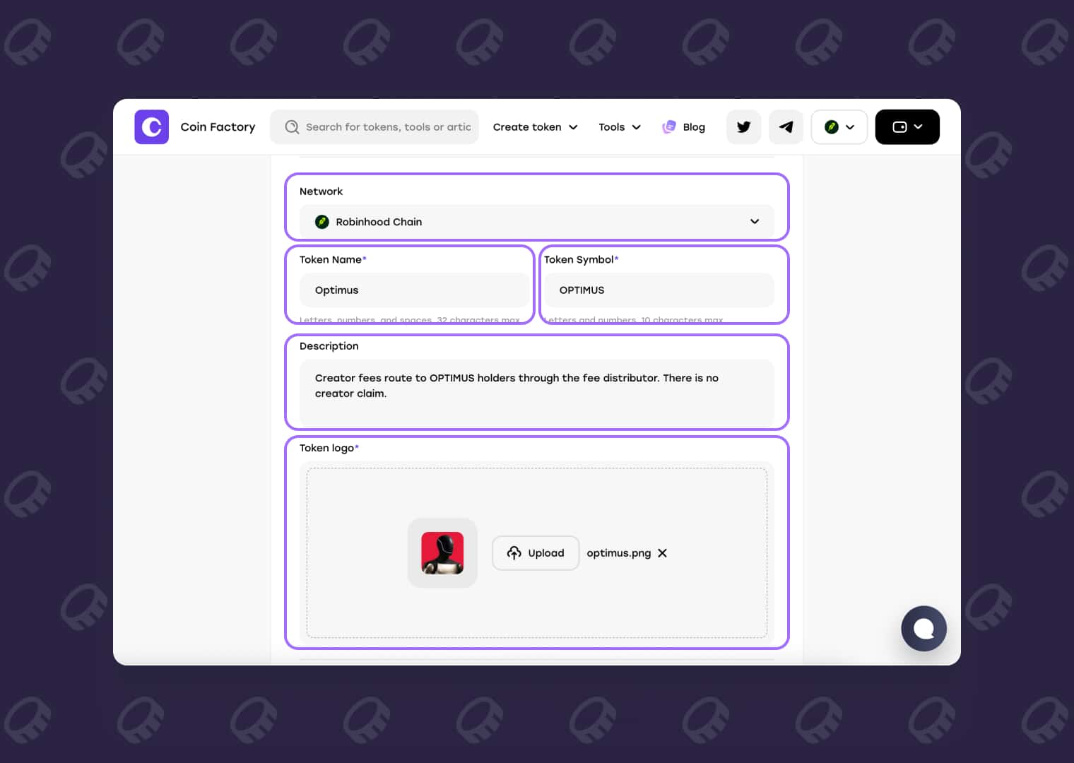 Setting token name, symbol, description and logo in the Robinhood Chain Meme Token Launcher