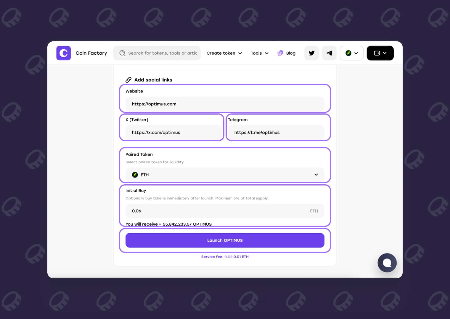 Setting social links, paired token and initial buy before launching a meme token on Robinhood Chain