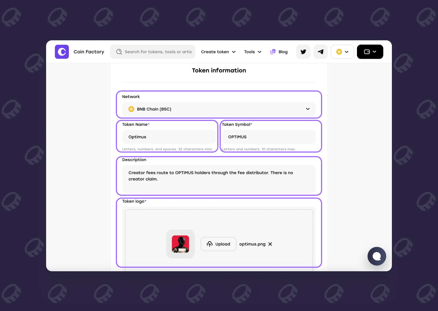 Enter token name, symbol, description, and logo to create a meme token on BNB Smart Chain