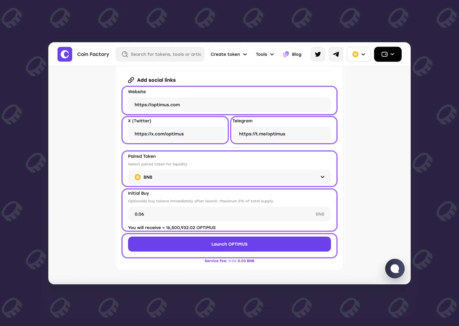 Set social links, paired token, and initial buy before launching a meme token on BNB Smart Chain