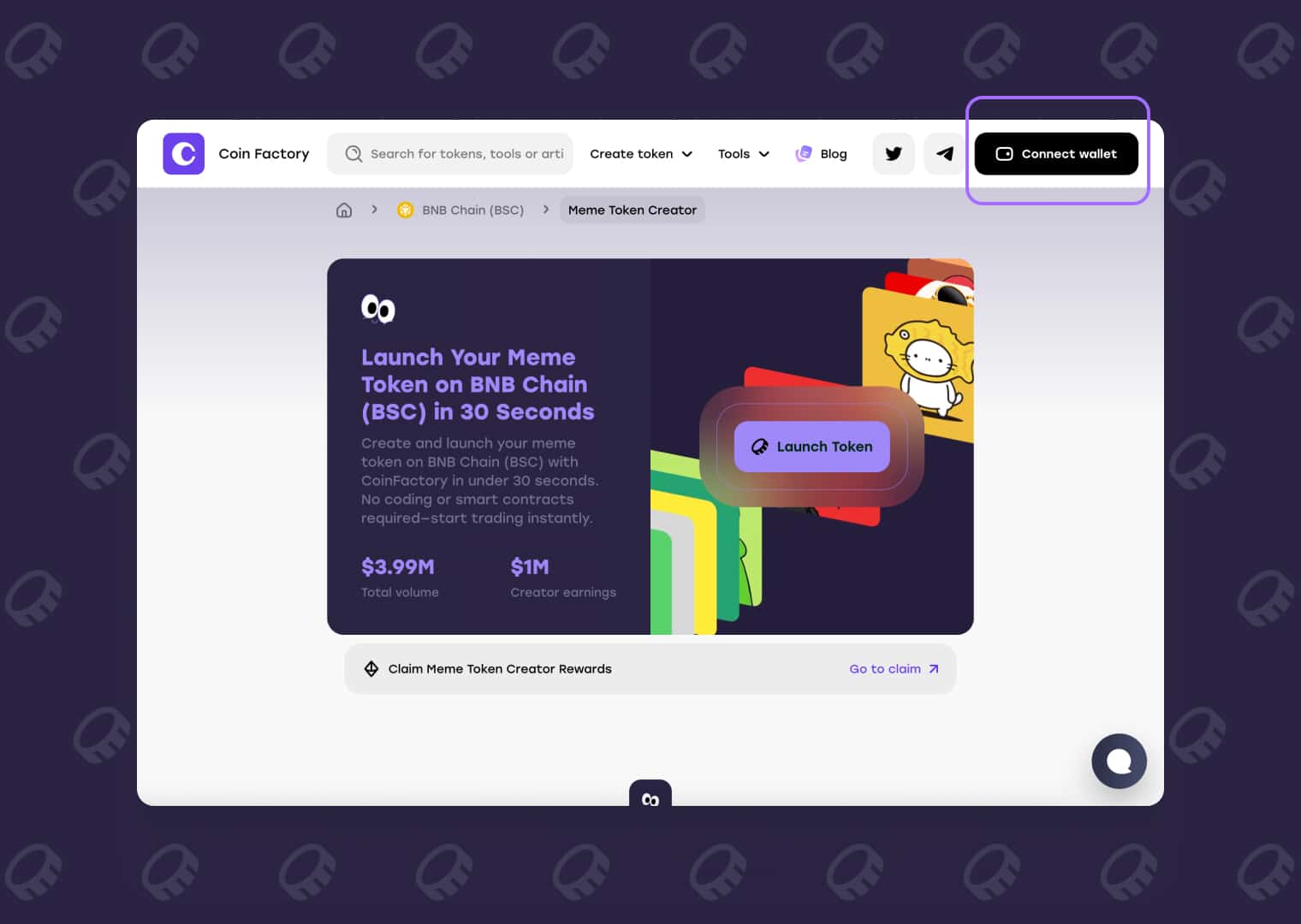 Click the “Connect Wallet” button to connect your wallet to the CoinFactory Meme Token Launcher
