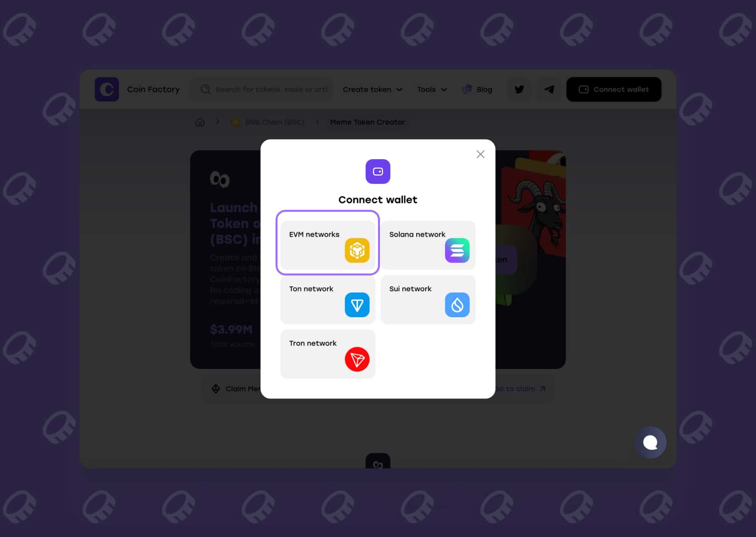 Connect an EVM wallet to the CoinFactory