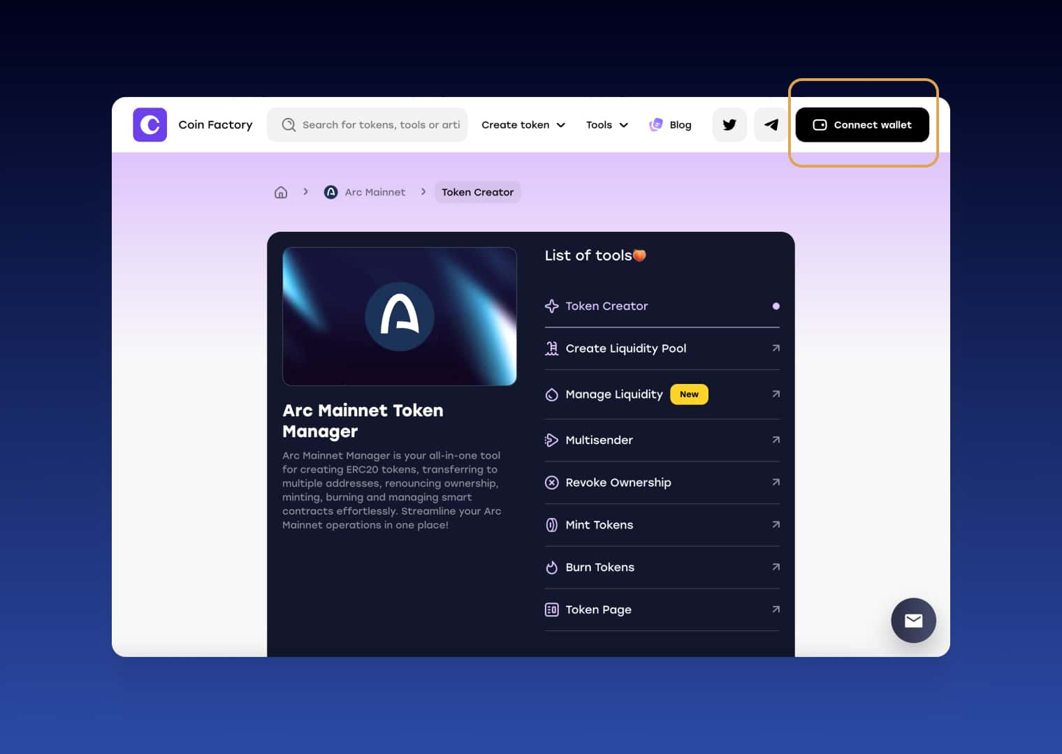 CoinFactory Arc Token Creator page with the Connect Wallet button highlighted