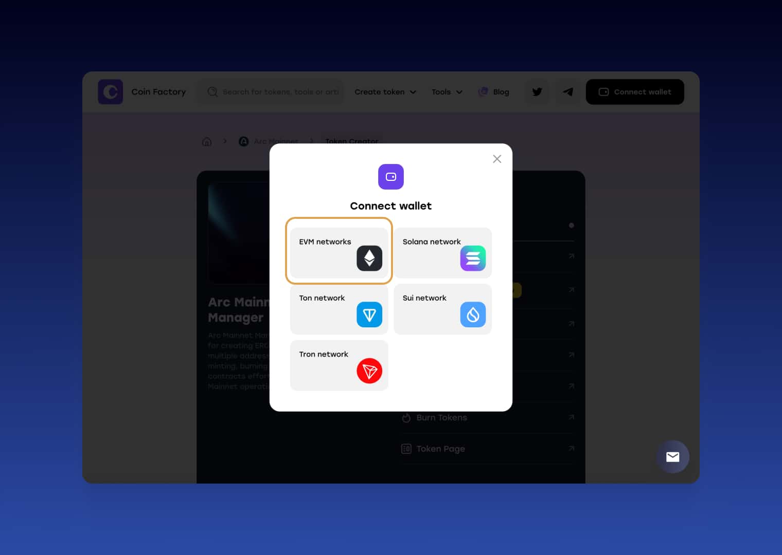 Connect Wallet window with the EVM networks option selected for Arc Network
