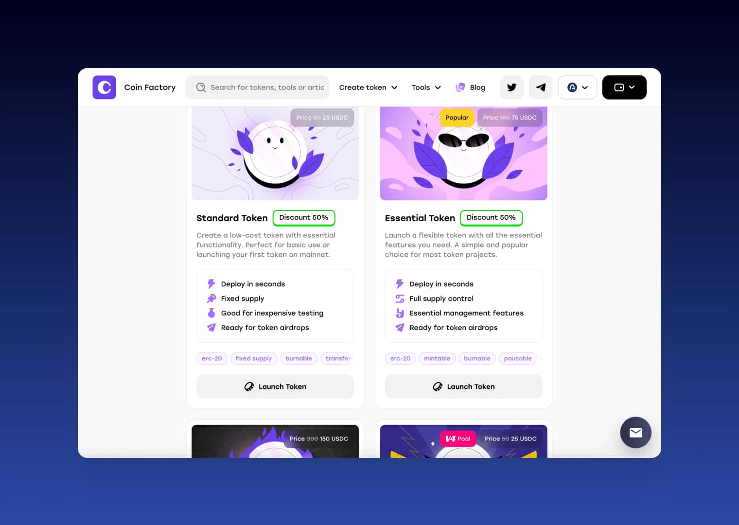 CoinFactory token template selection with Standard and Essential token options on Arc Network