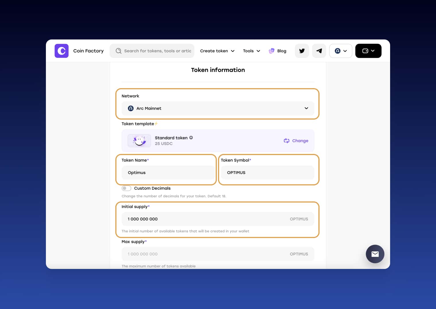 Arc Mainnet token creation form with token name, symbol, and initial supply fields highlighted