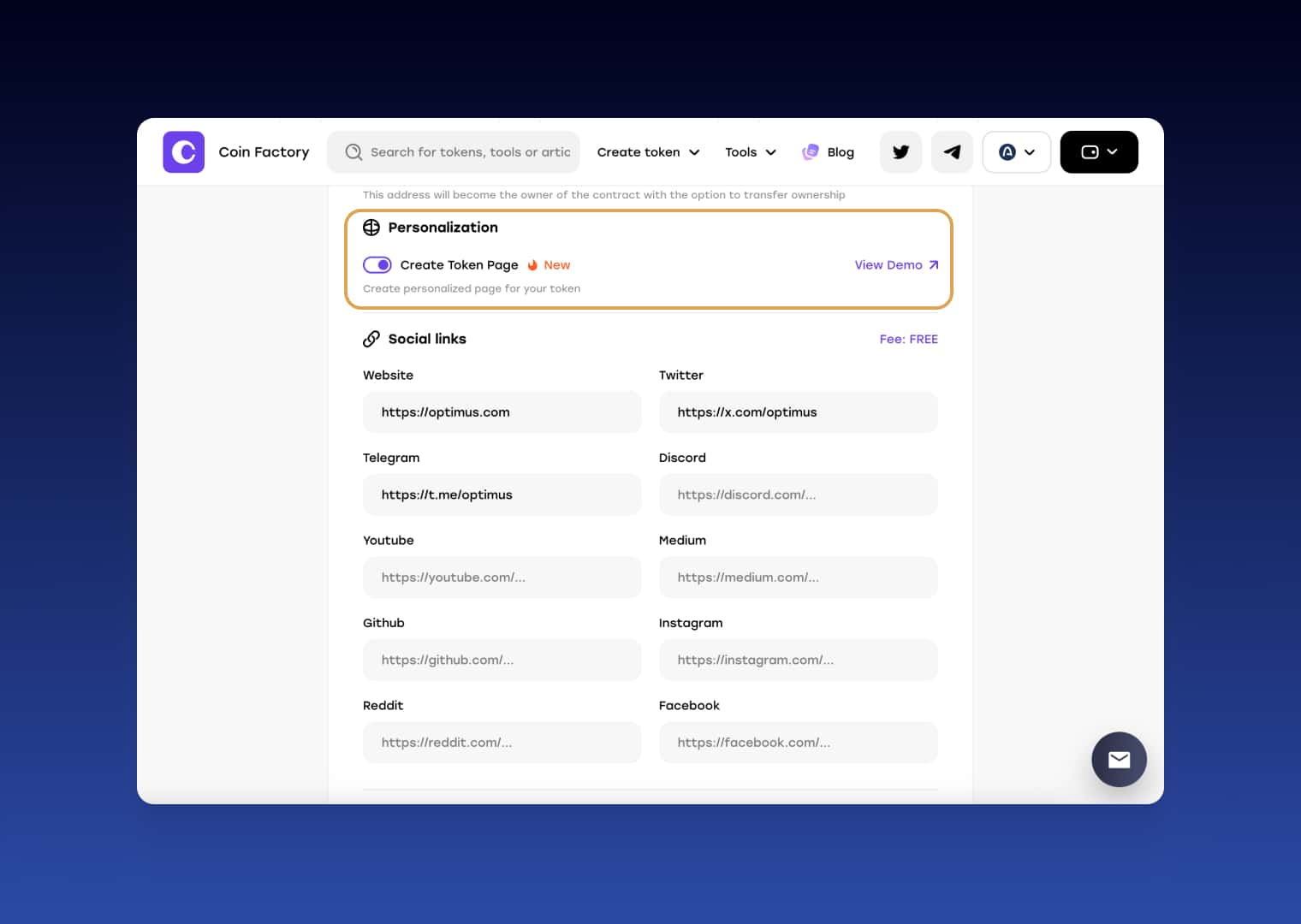 CoinFactory Token Page settings for adding website and social media links to an Arc token