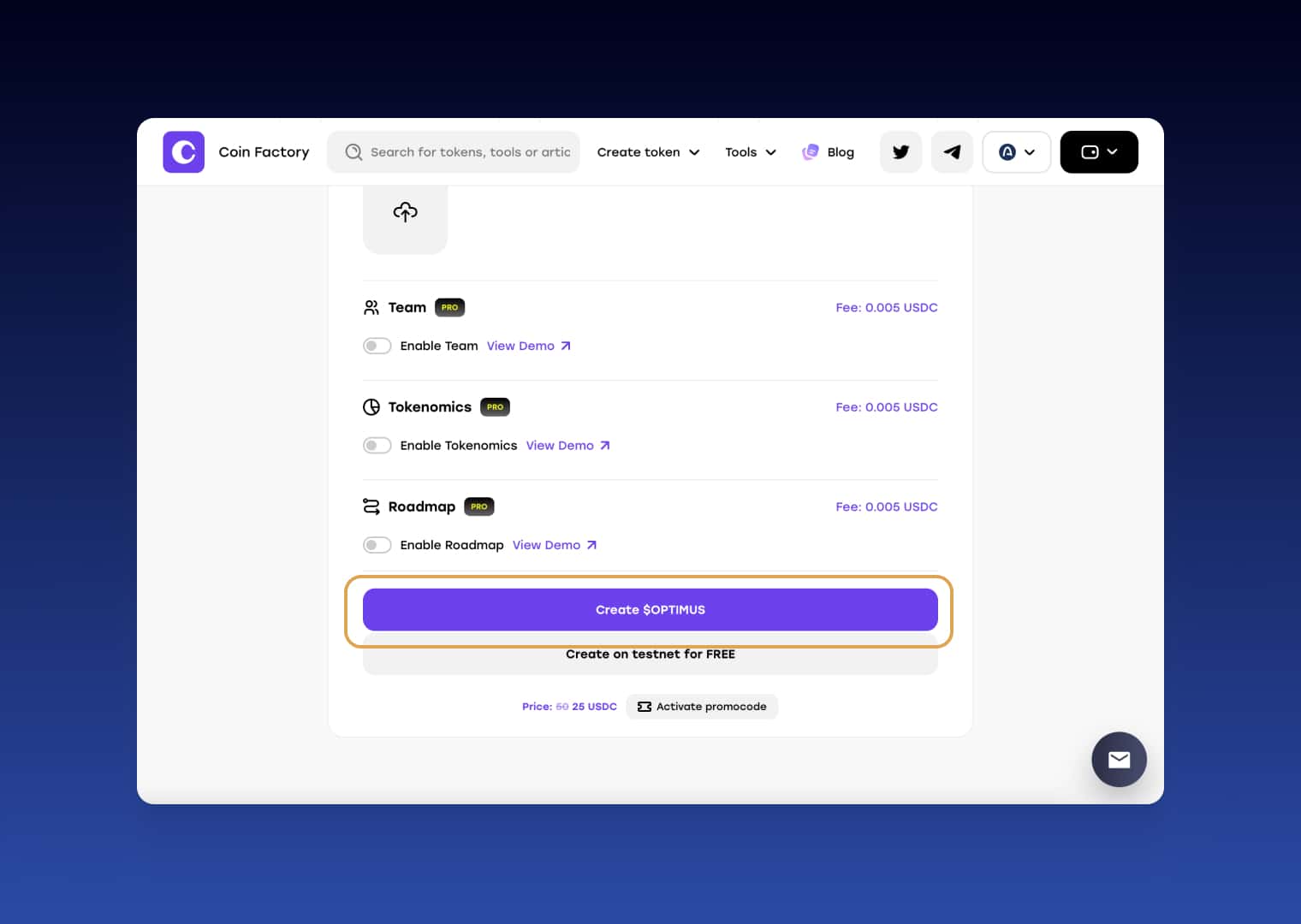 Optional Team, Tokenomics, and Roadmap sections with the Create Token button highlighted
