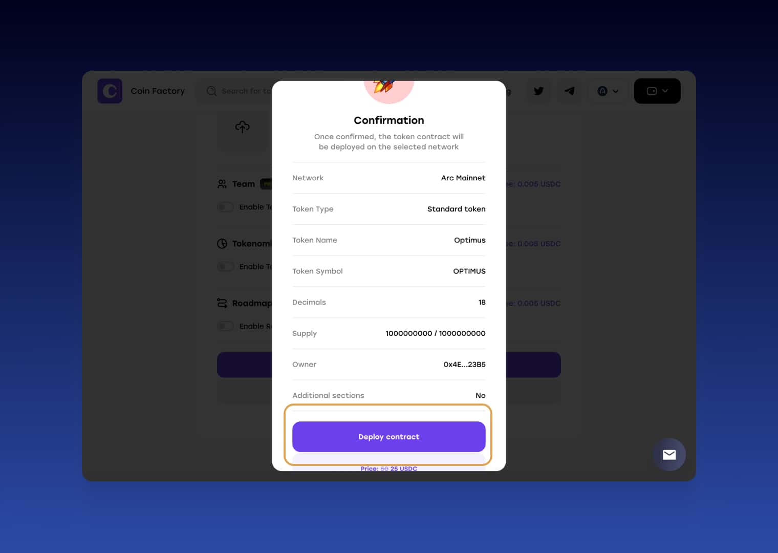 Arc Mainnet token deployment confirmation window with the Deploy Contract button highlighted