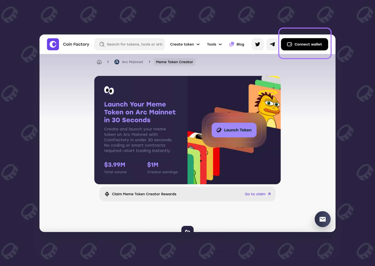 CoinFactory Arc Network Meme Token Launcher with Connect Wallet button
