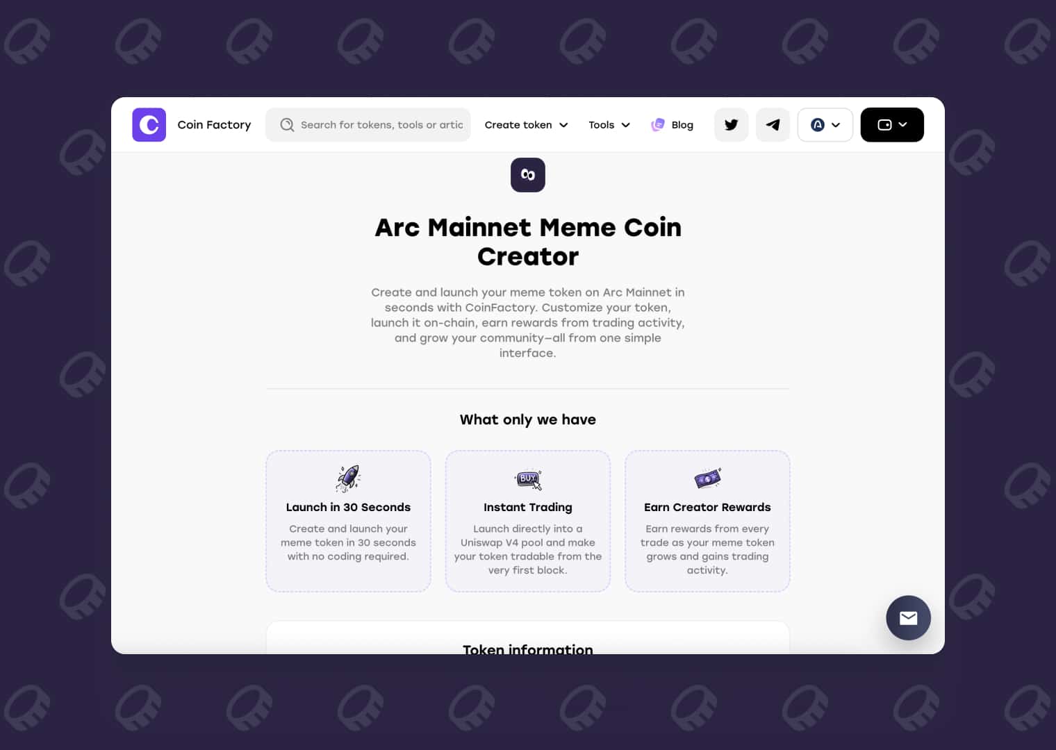 CoinFactory Meme Token Creator interface for launching a token on Arc Network