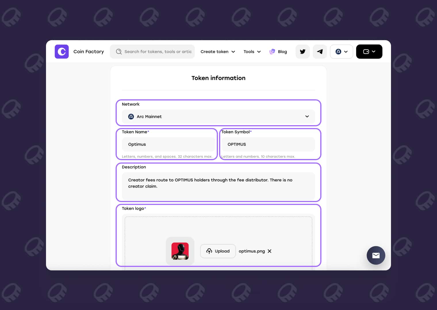 Entering token name, symbol, description, and logo for an Arc Network meme token