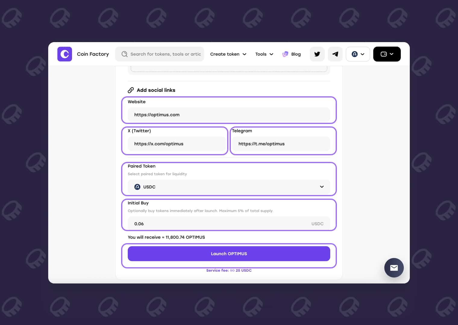 Adding social links, selecting USDC pair, and launching a meme token on Arc Network