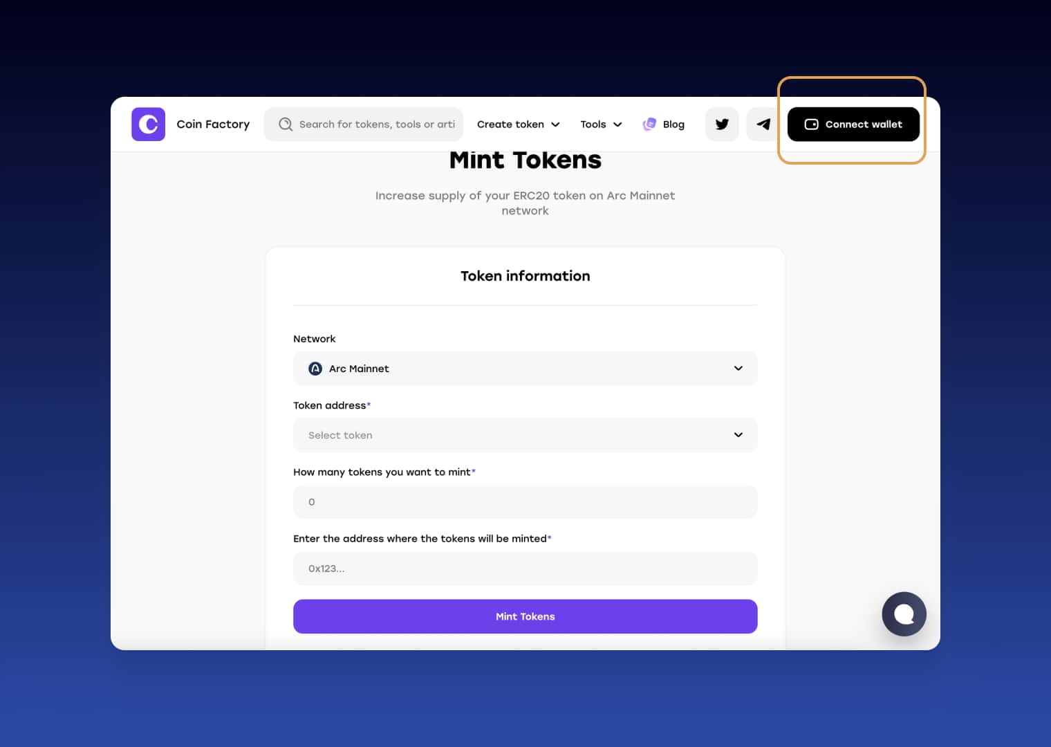 Connect wallet to mint tokens on Arc Network with CoinFactory