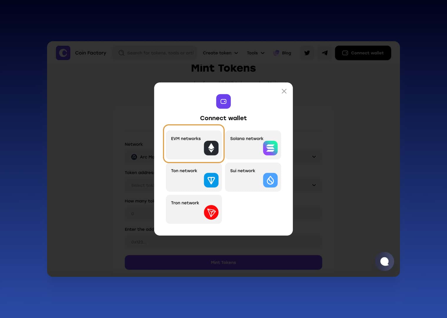 Select EVM network wallet to mint tokens on Arc Network