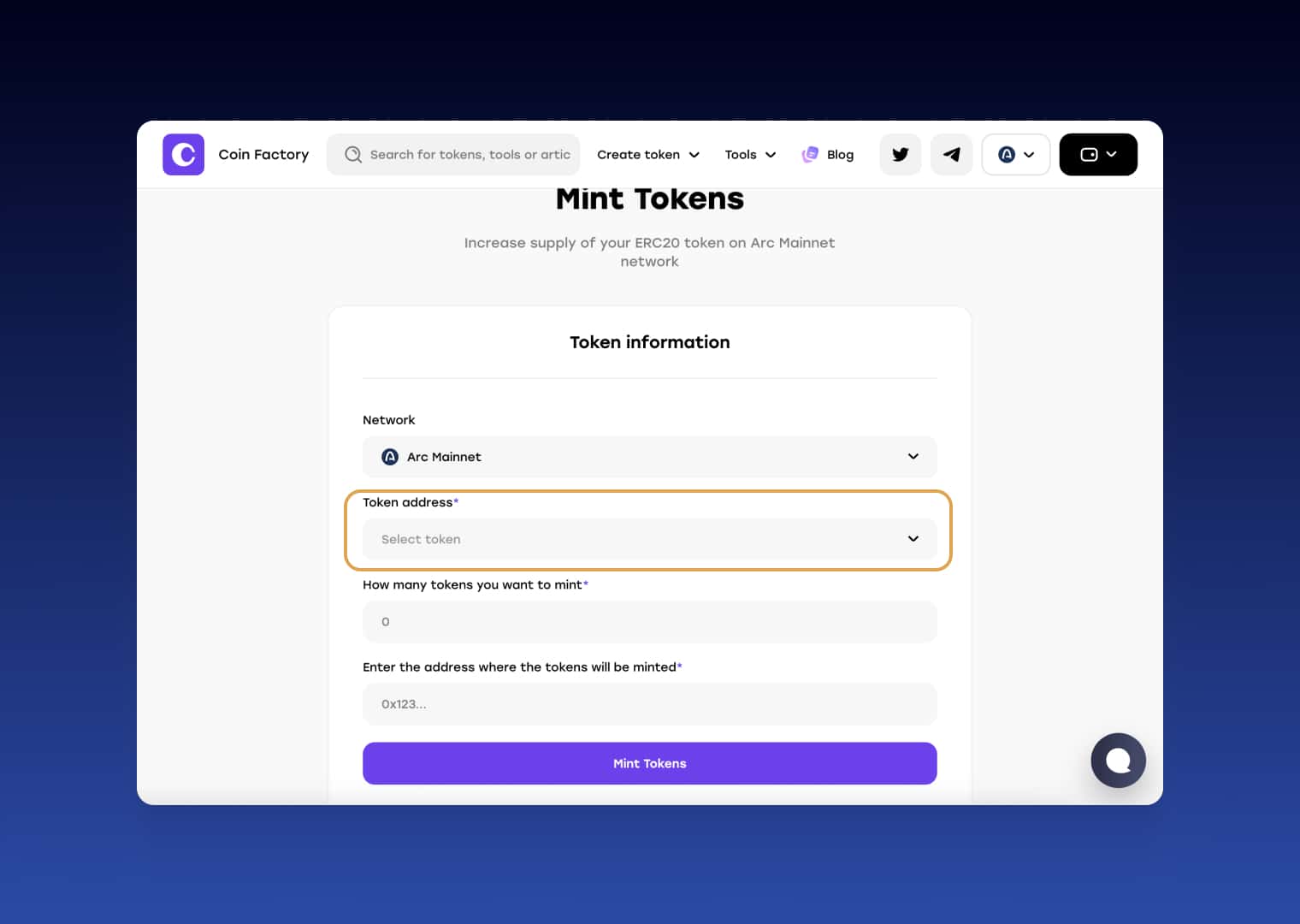 Select token address for minting tokens on Arc Network