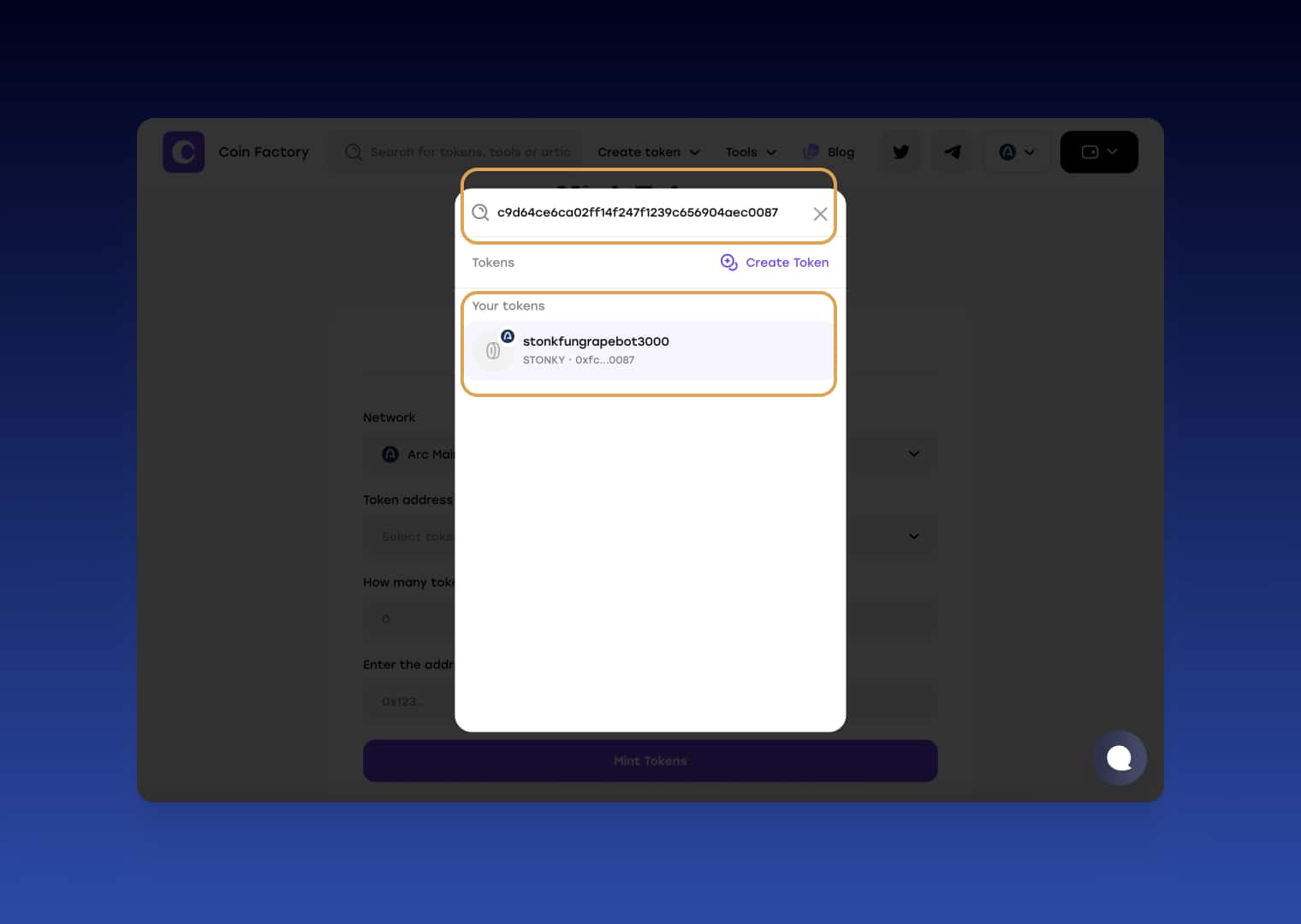 Search and select an Arc Network token by contract address