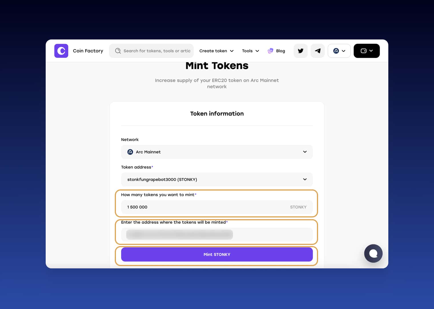 Enter token amount and recipient wallet address to mint tokens on Arc Network