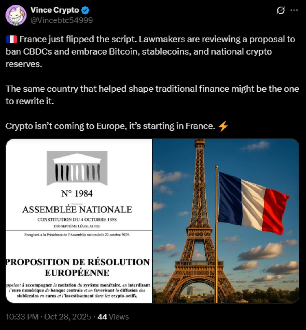 France Plans 420,000 BTC Reserve, Rejects Digital Euro