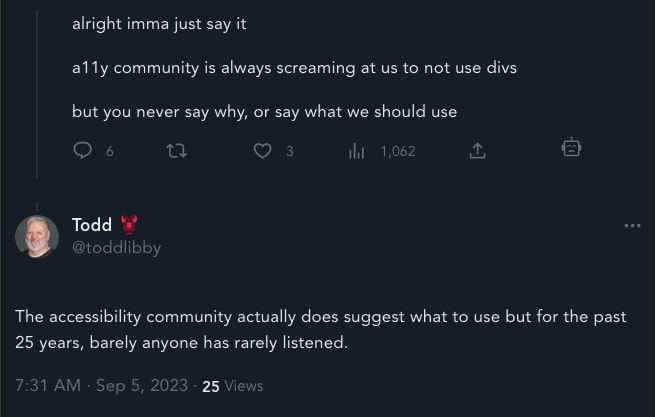 A post about accessibility professionals not telling developers what to do when something is not done to their understanding