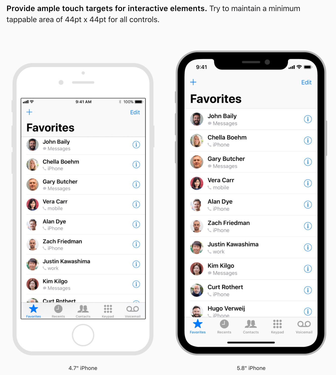 Side by side iPhones showing target size dimensions on two different devices.