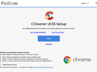 CCleaner by Piriform installation screen.