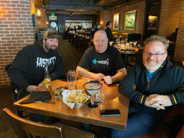 (From left to right, Chris DeMars, Todd Libby, and Jason pamental at La Loma in Denver at lunch posing for a photo.