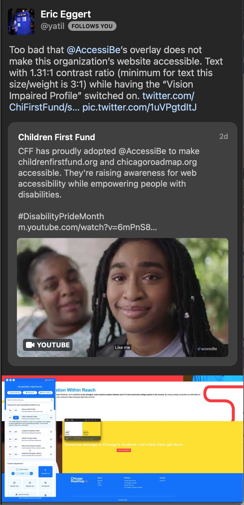 The chaser. Proof from Eric Eggert that AccessiBe's overlay does not work as the company claims.