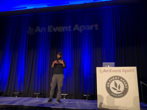 farai Madzima at An Event Apart Denver speaking on diversity and inclusion.