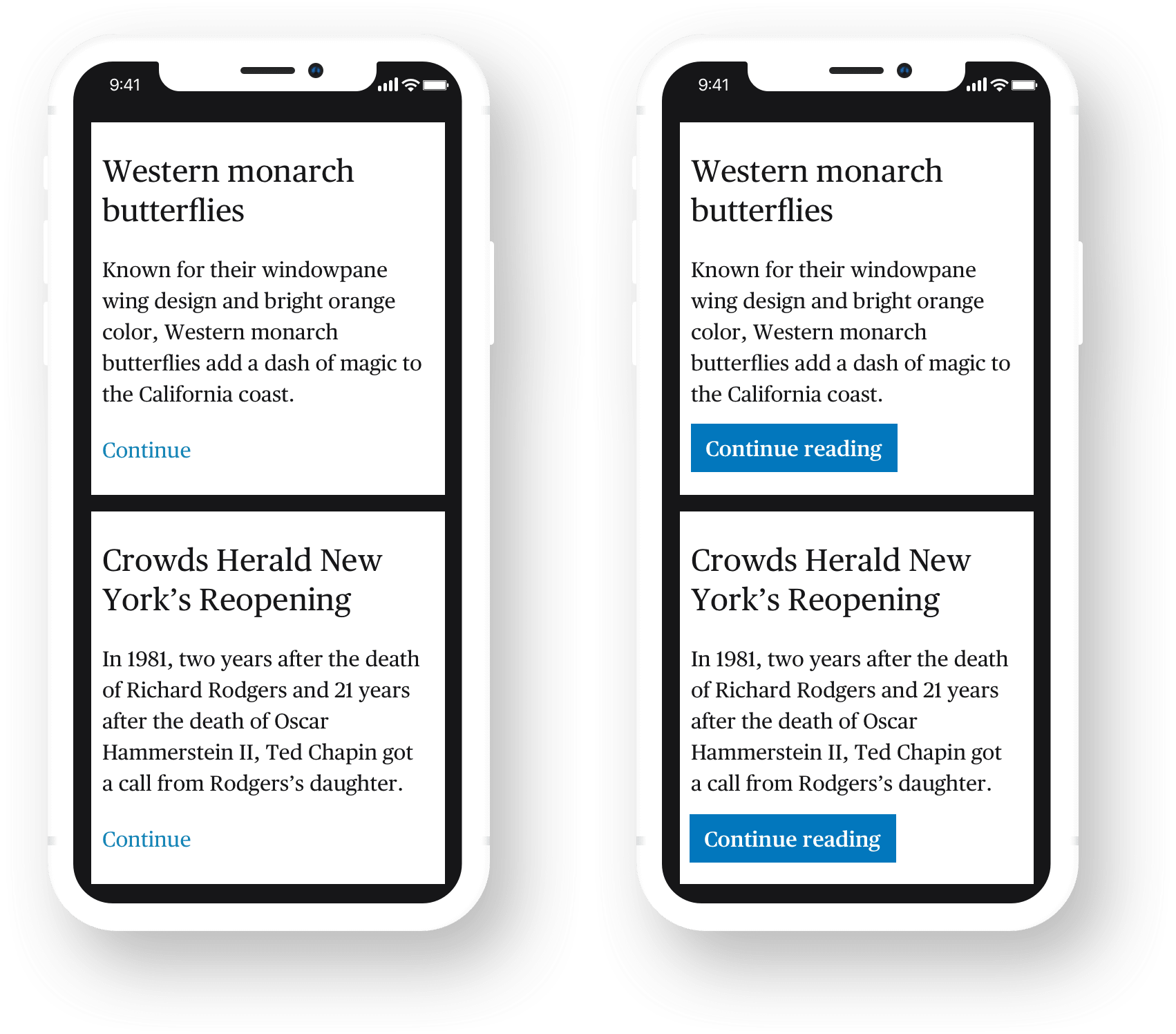 A comparison of mobile screens side-by-side comparing targets of links as opposed to buttons.