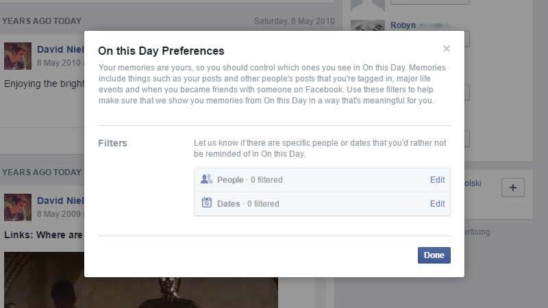 Example of Facebook filter for On This Day