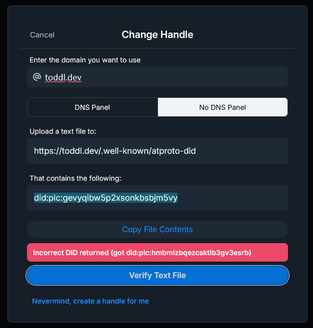 Settings in Bluesky to change your handle to a custom domain.