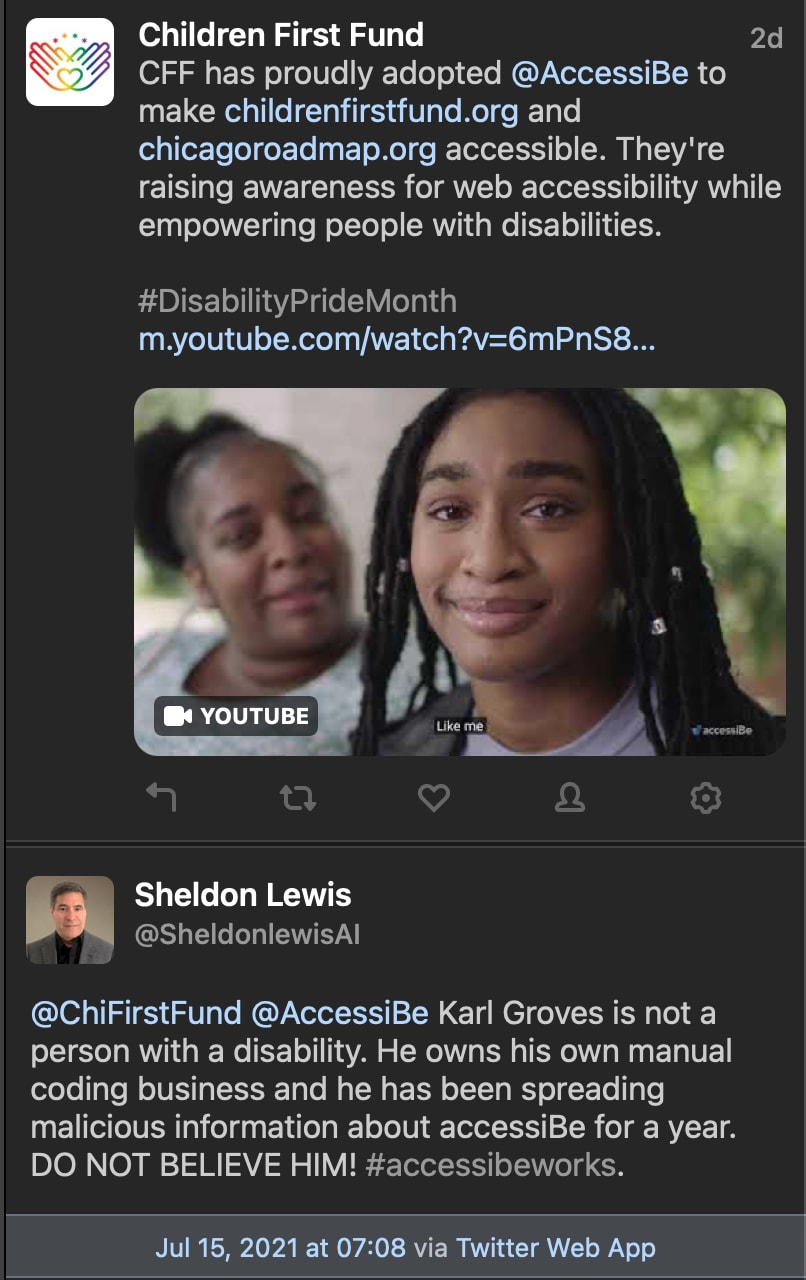 A Twitter thread by a group that uses AccessiBe and a troll account tweeting disparaging remarks about Karl Groves, a long time accessibility professional.