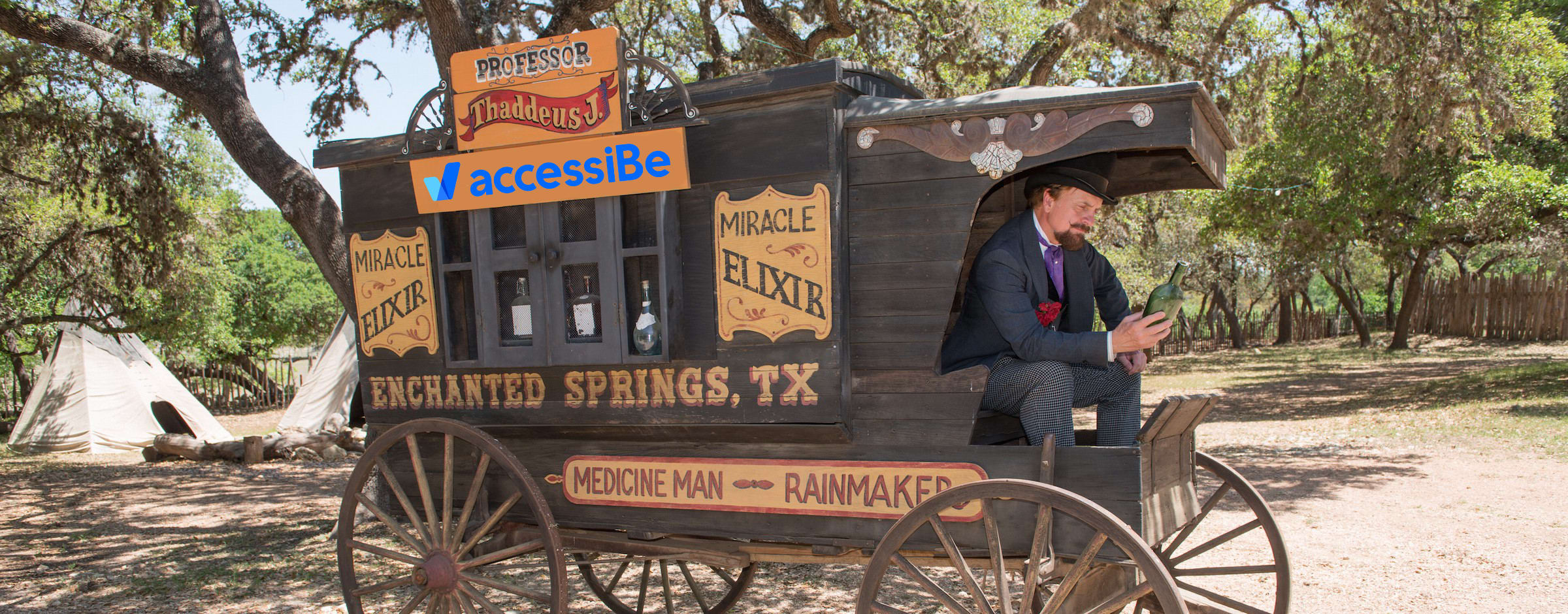 A snake oil salesman on his wagon where he sells snake oil that has the AccessiBe logo Photoshopped on the side of the wagon.