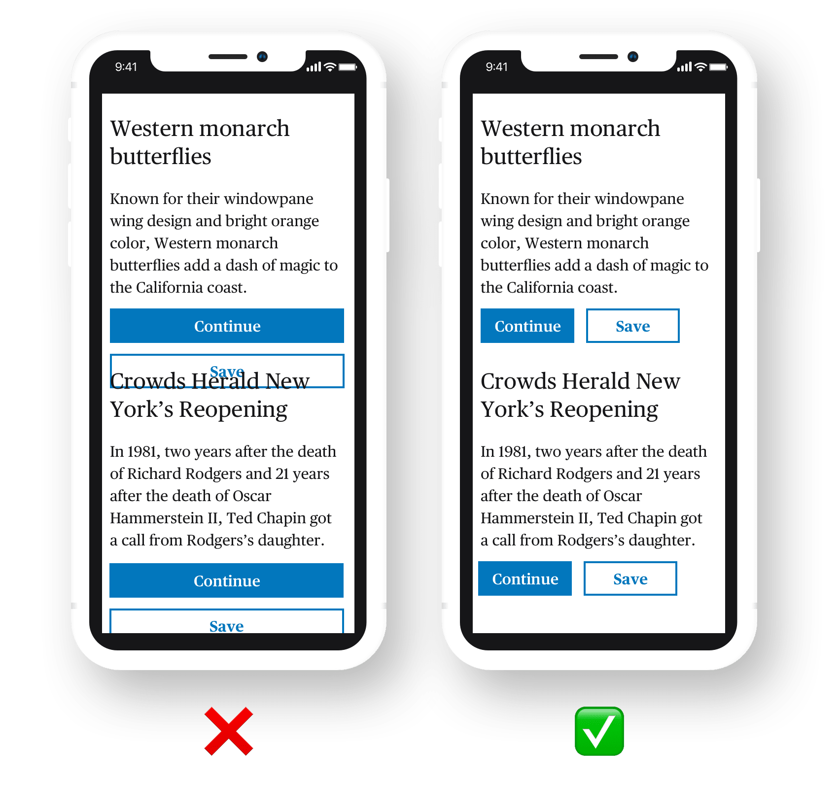 Two mobile devices showing inline button styles and their repective target areas.