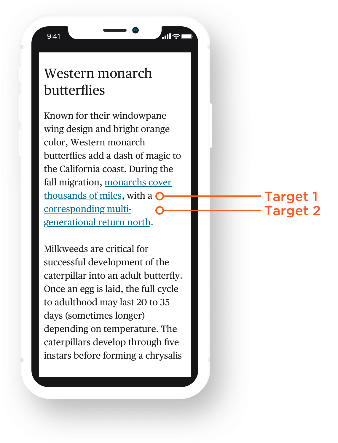 A mobile device showing inline links and their target sizes