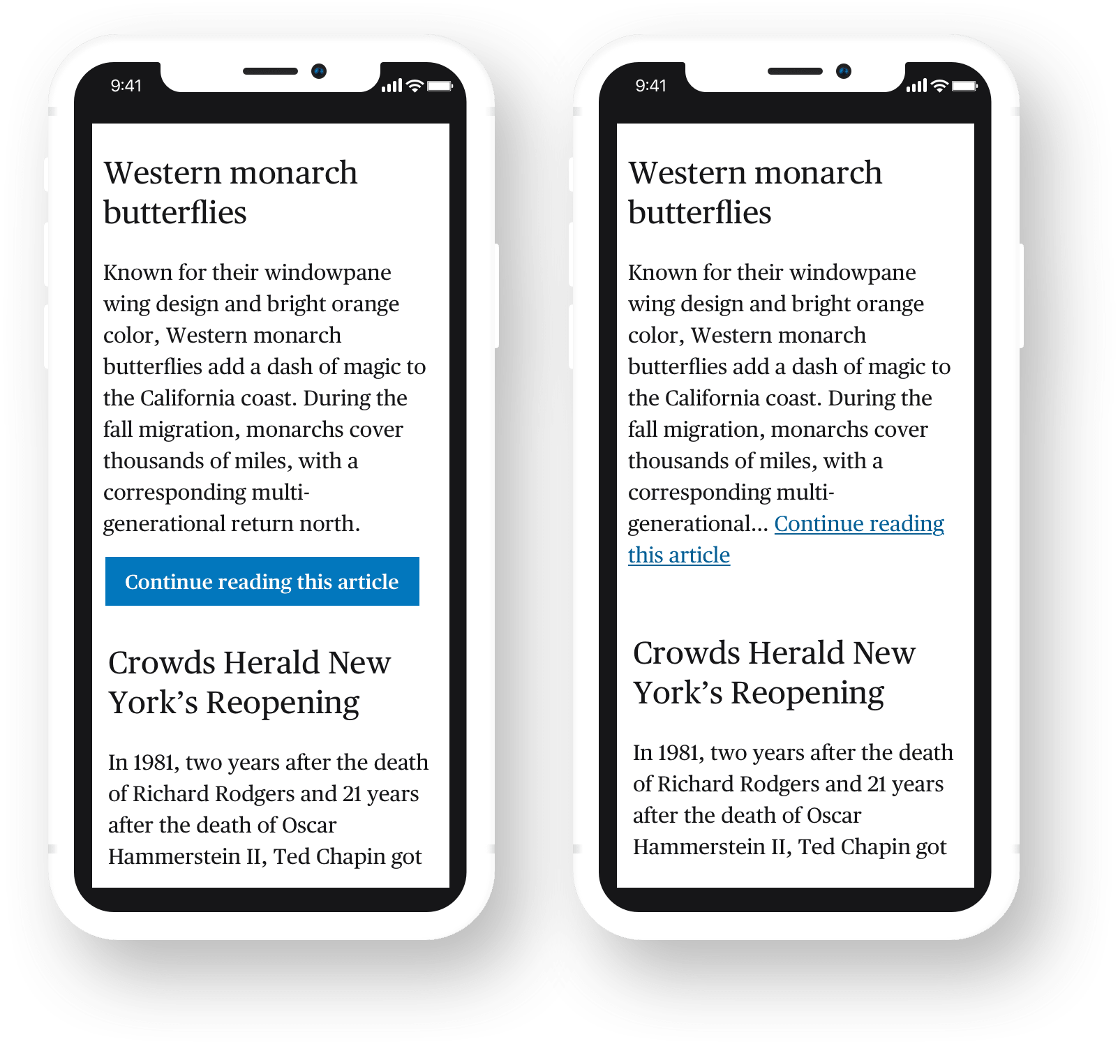 Target size relation between two mobile devices one showing buttons and theother showing links in an article for each respectively.