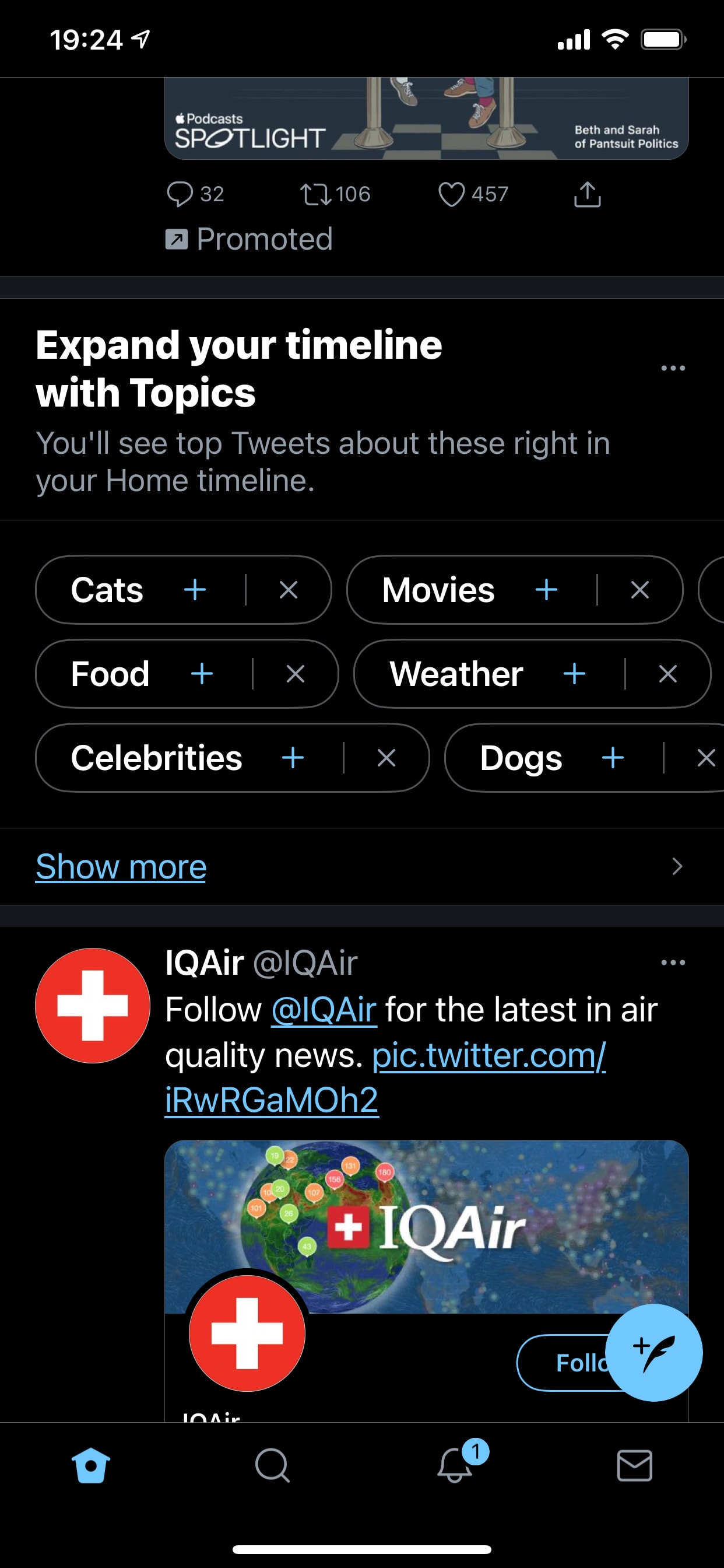 A timeline from Twitter with some really small target area to close out topics if you don't want to see them and plus icons if you want to add them.