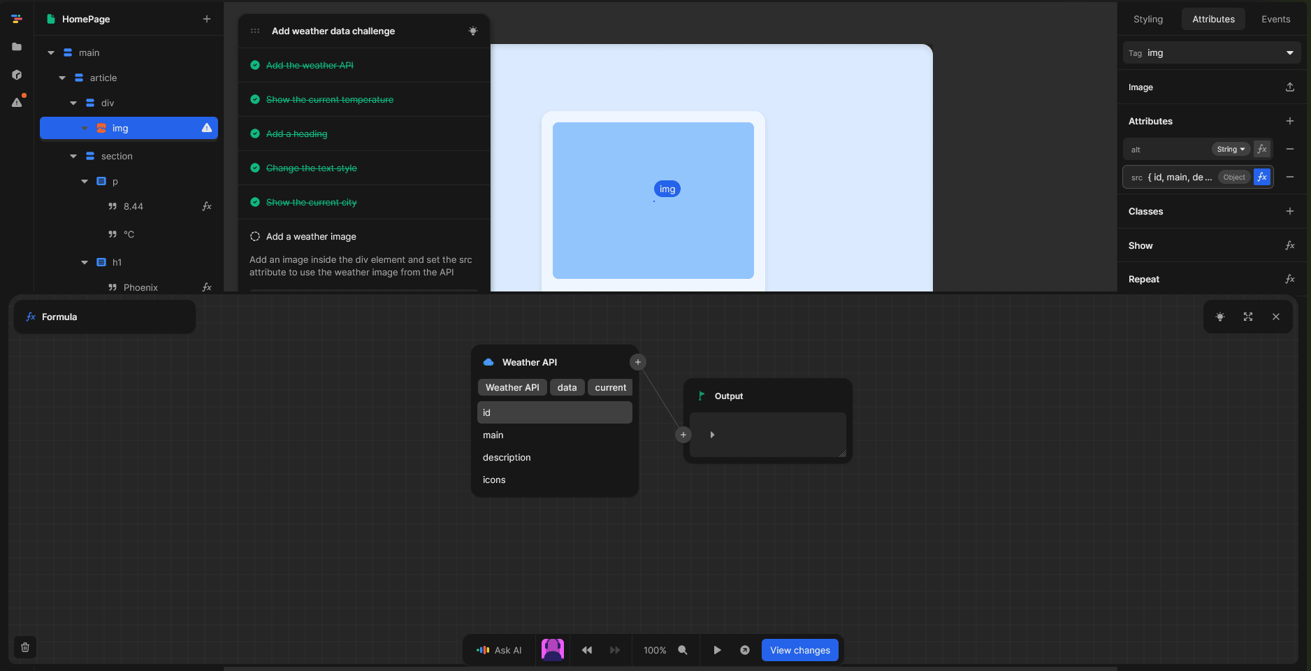 A view of the Toddle.dev interface showing how to create a Weather App