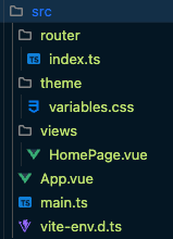 The file structure shown for a Vue and Ionic template showing files in the src folder.