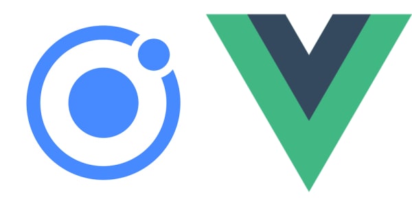 The Ionic Framework logo, a blue circle enclosed in a thick blue, incomplete line with a small blue ball rotating around the center circle, next to the Vue JS logo, a V-shaped logo with a light green V and a slate grey blue smaller V sitting inside the large V-shape.