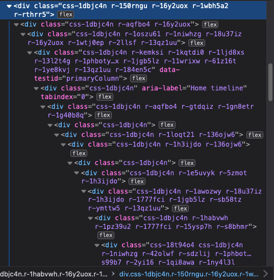 Code from the X (formerly Twitter) interface showing all the div elements used