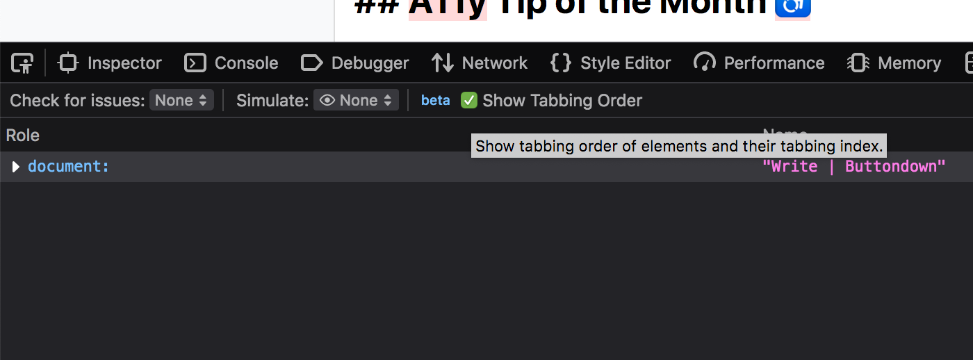 The Firefox DevTools looking at the accessibility inspector and toggle for showing the tab order of a web page