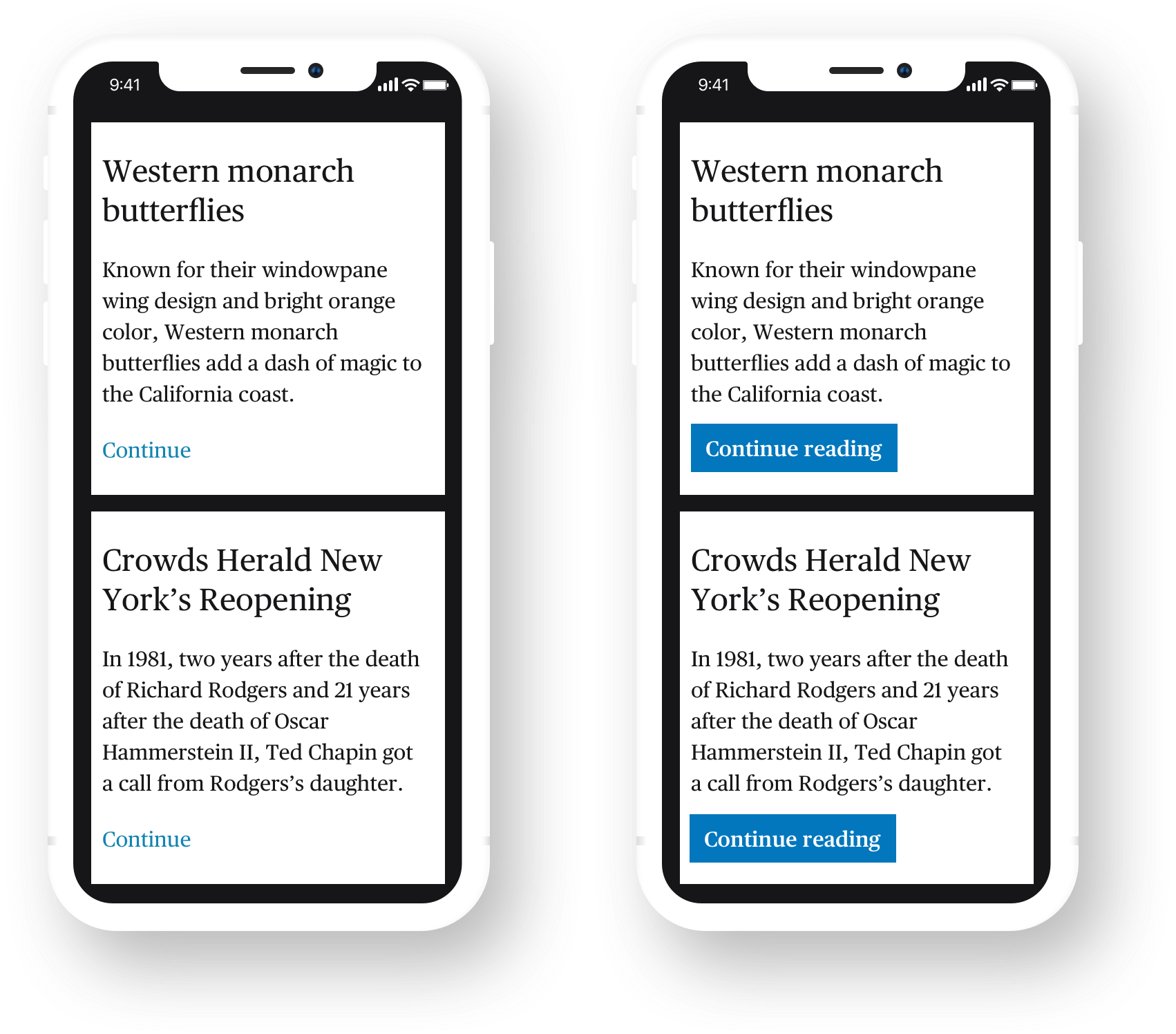 A comparison of mobile screens side-by-side comparing targets of links as opposed to buttons.