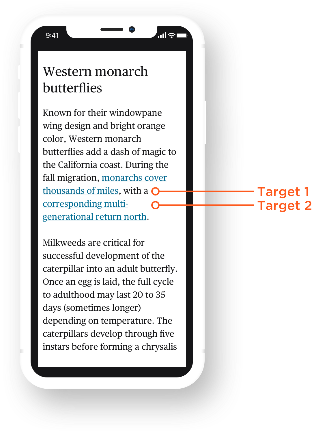 A mobile device showing inline links and their target sizes