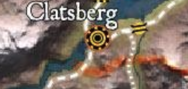 A overland map showing the secondary and tertiary roads and river around the city of Clatsberg.