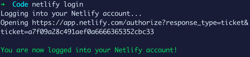 Terminal showing netlify login command with successful login